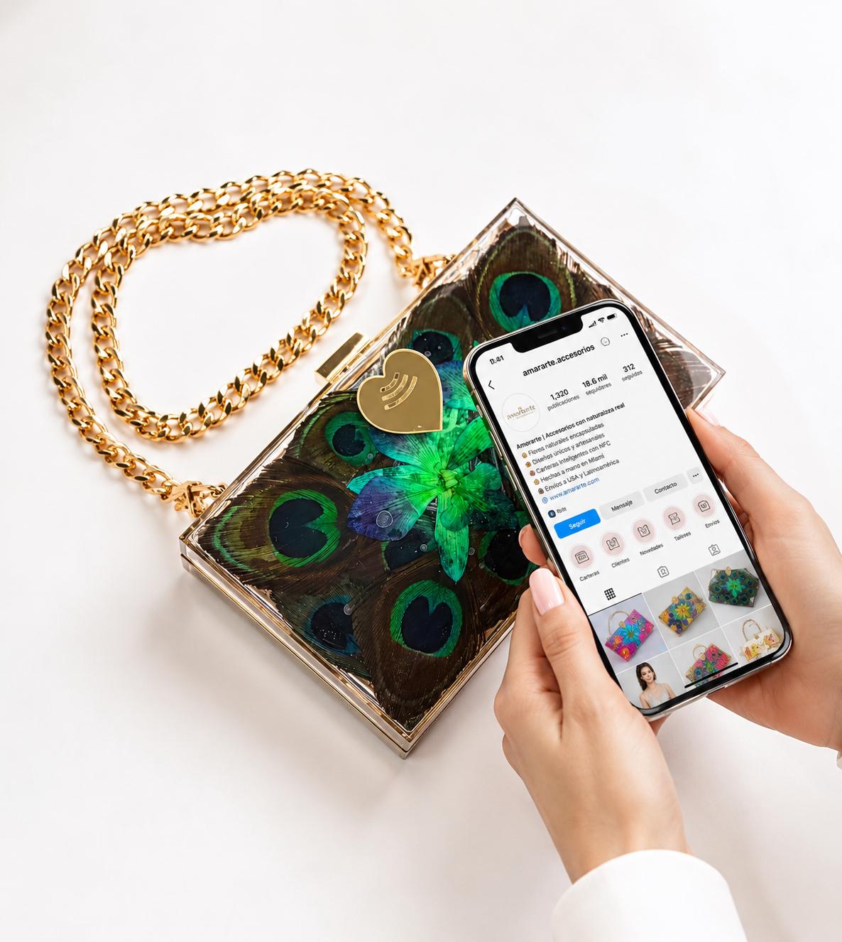 Cartera inteligente de plumas de Pavo Real encanto