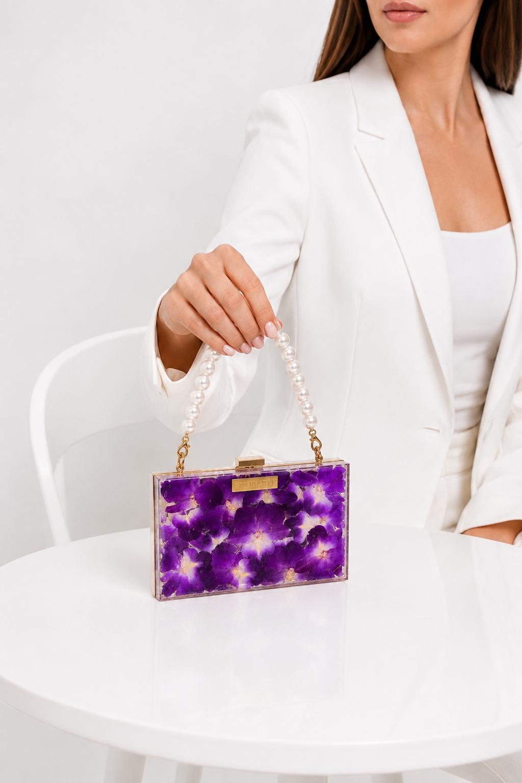 CARTERA INTELIGENTE con orquideas reales moradas