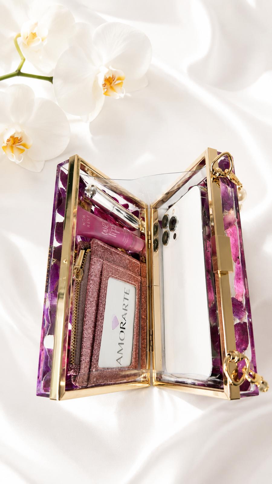 Cartera de orquideas fucsia y morada romanti